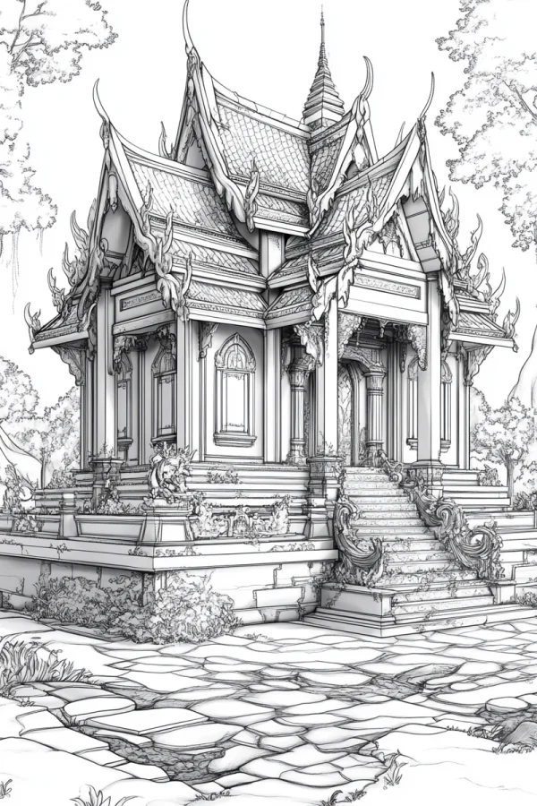 Southeast asian traditional temple with intricate carvings and curved eaves, surrounded by trees — free printable southeast asian culture coloring book page