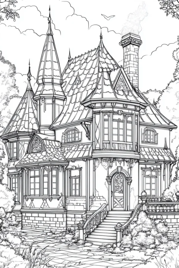 Fairy tale style european villa, sketch line art — free printable residential coloring book page
