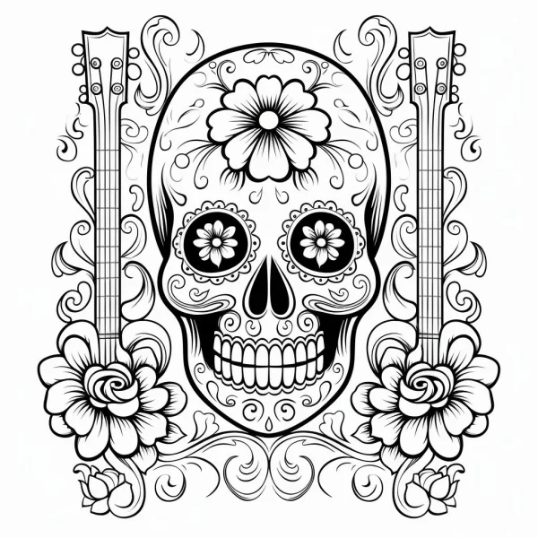 Mexican day of the dead decorative sugar skull, surrounded by roses and ukuleles — free printable mexican culture coloring book page