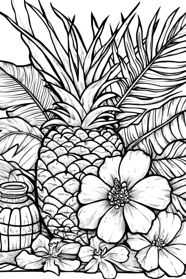 Tropical pineapple with hibiscus flowers and tropical foliage, realistic line art — free printable tropical style coloring book page