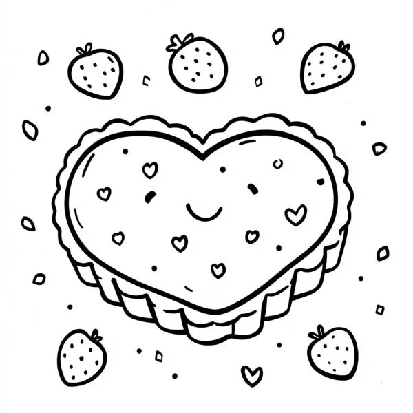 Cute smiling heart-shaped tart, cartoon style — free printable coloring page