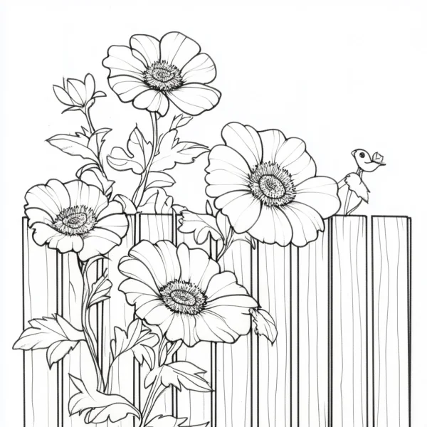 Flowers and small bird next to wooden fence, sketch style — free printable coloring page