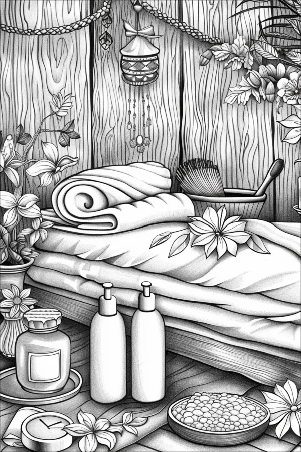 Spa bath set with rolled towels, pump bottles — free printable spa coloring book page