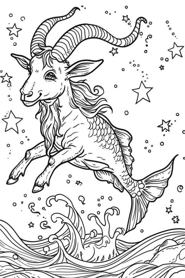 Goat-headed fish-tailed capricorn, fantasy sketch style — free printable constellations coloring book page