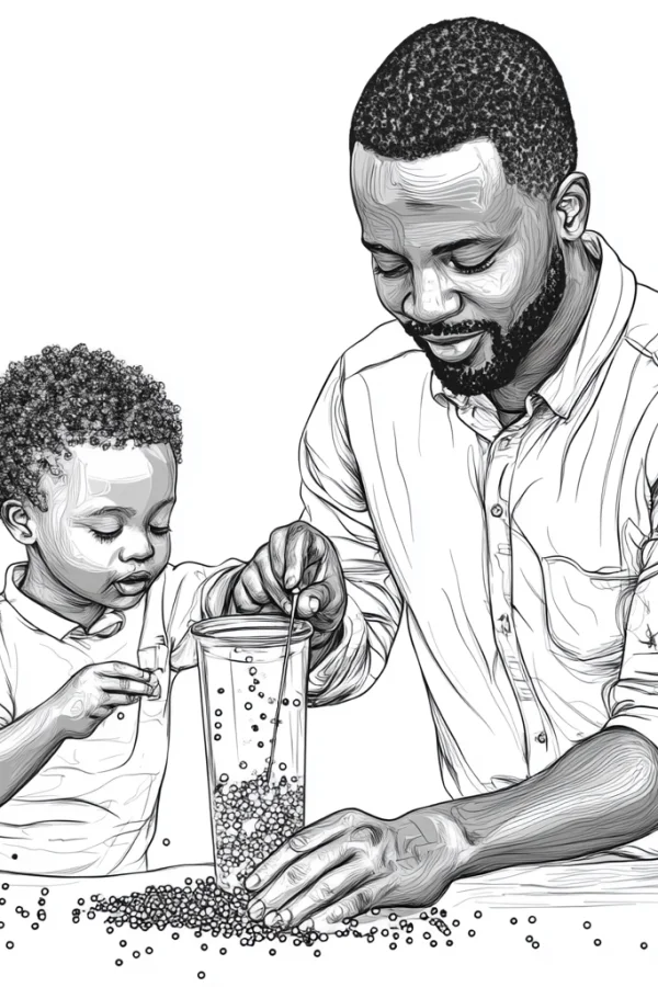 Black father and son interacting over a glass filled with beads, realistic sketch style — free printable parent-child interaction coloring book page