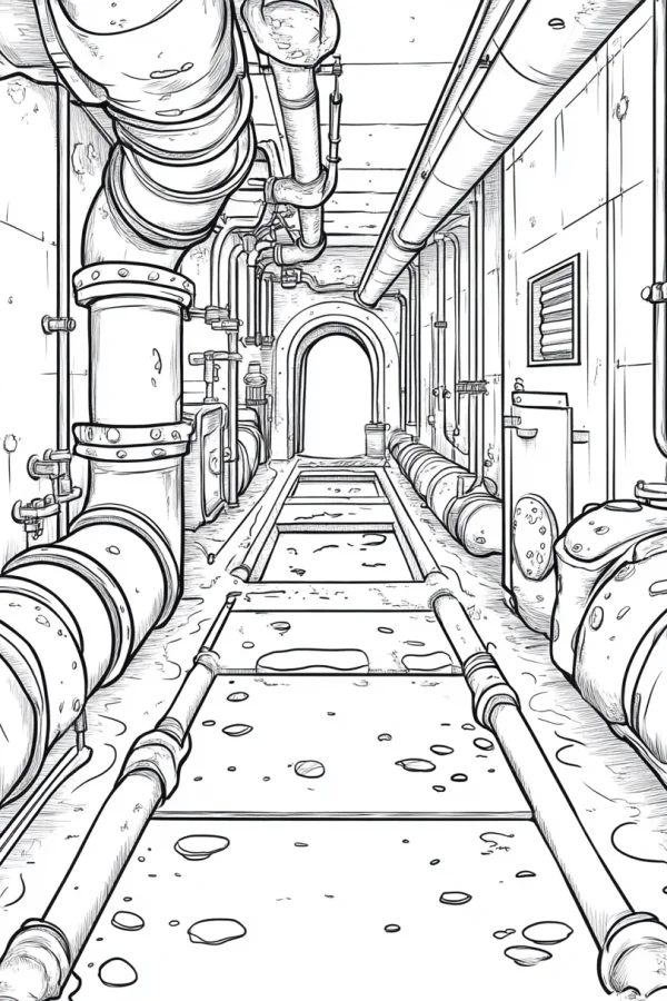 Industrial pipeline underground tunnel, realistic sketch style — free printable industrial scene coloring book page