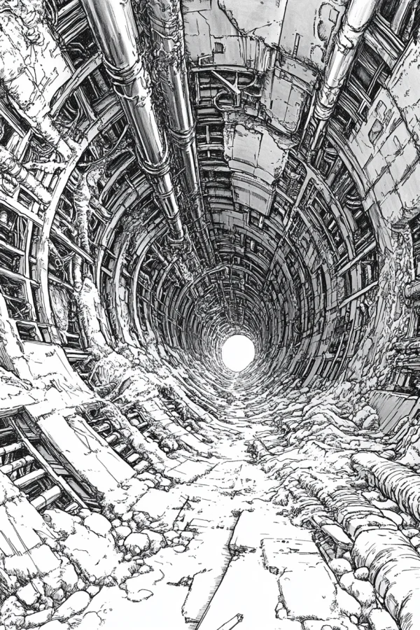 Abandoned industrial tunnel, sci-fi post-apocalyptic style — free printable industrial scene coloring book page
