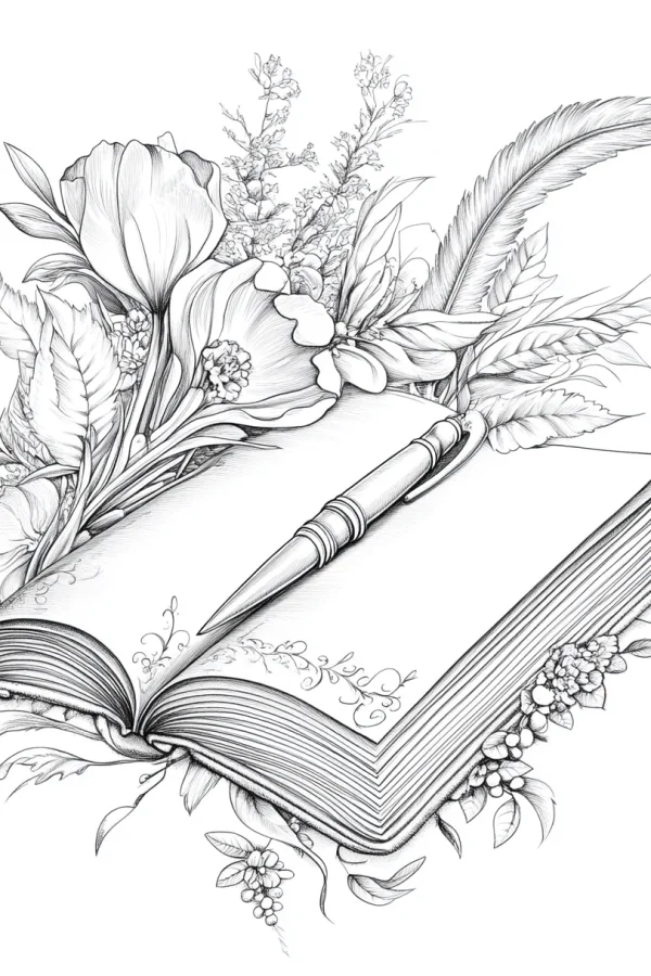 Open book with feather pen and various flowers, sketch style — free printable writing coloring book page
