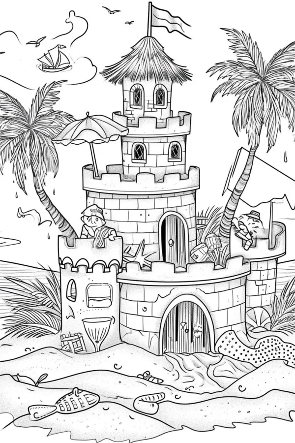 Sandcastle with little boy on beach, cartoon style — free printable coloring page