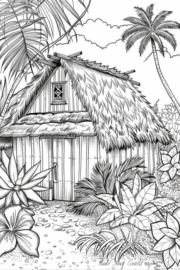 Tropical thatched hut, realistic line art style — free printable southeast asia coloring book page