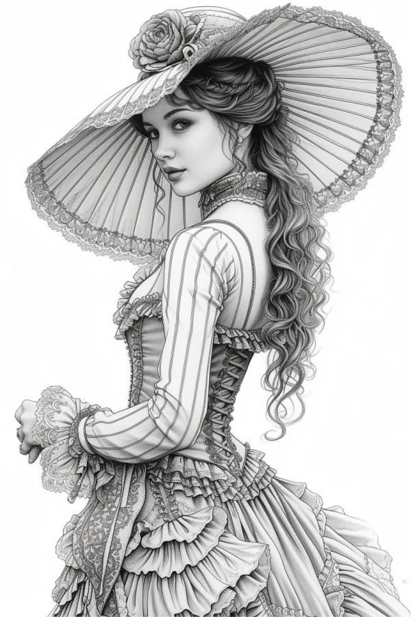 Victorian-style retro woman with wide-brimmed hat adorned with rose, realistic sketch style — free printable victorian coloring book page