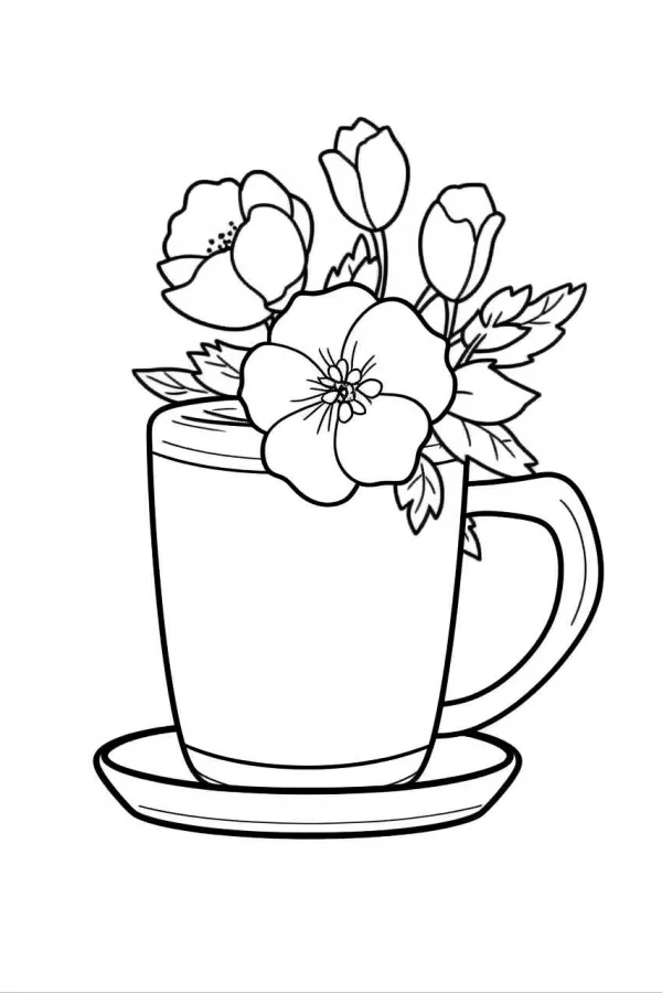 Cup with blooming flowers and buds on saucer, cartoon style — free printable beverages coloring book page
