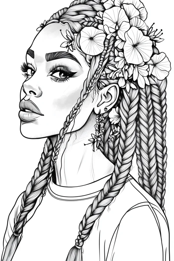 Braided hair girl with floral hair accessories, realistic illustration style — free printable character theme coloring book page