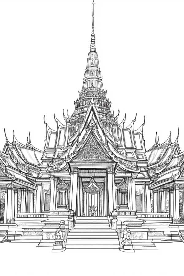 Southeast asian traditional temple, intricate architectural details with spires — free printable southeast asian culture coloring book page