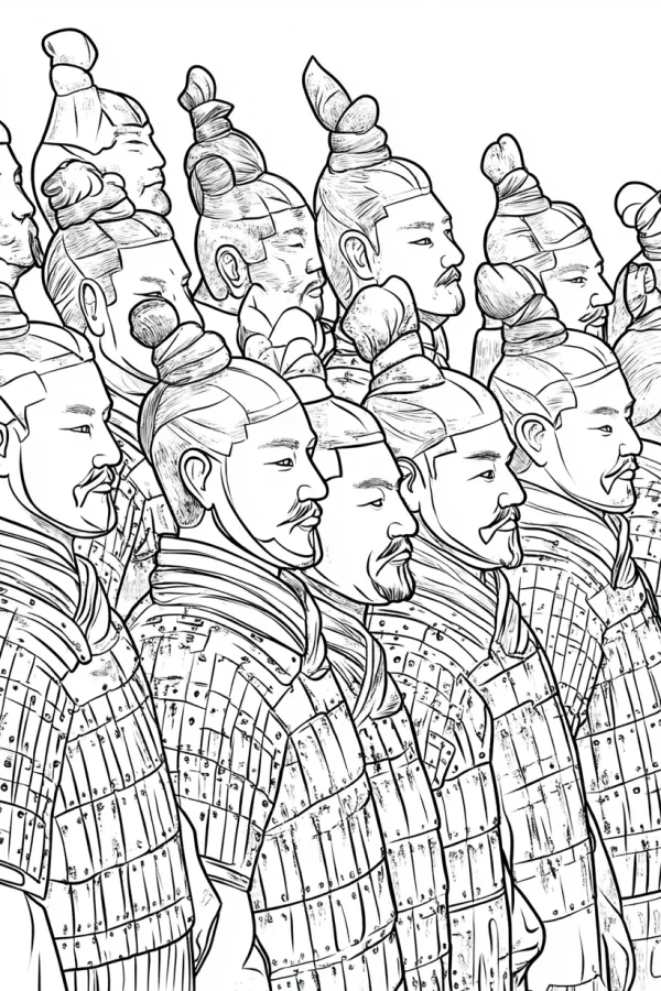 Terracotta army group portrait, chinese realistic style — free printable history coloring book page