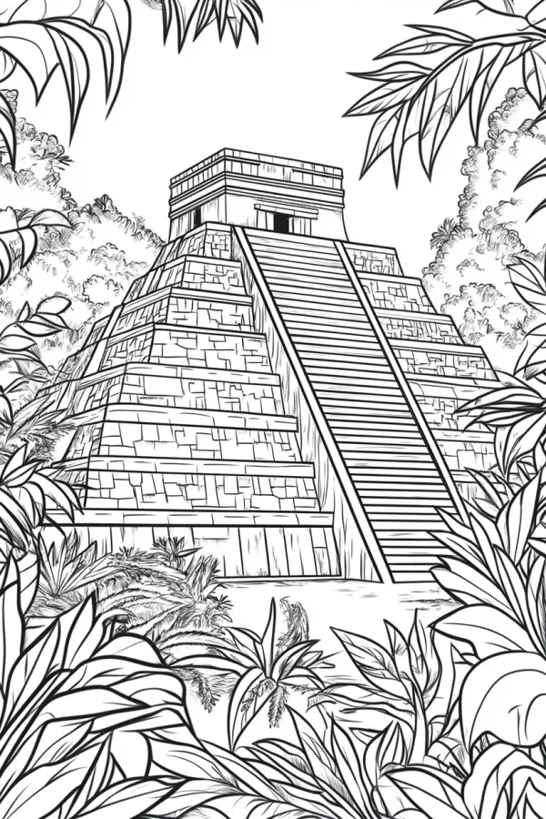 Mayan pyramid in tropical rainforest, retro maya style — free printable historical architecture coloring book page
