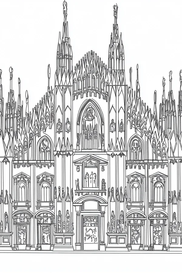 Gothic cathedral, intricate gothic architectural details including spires — free printable classical coloring book page