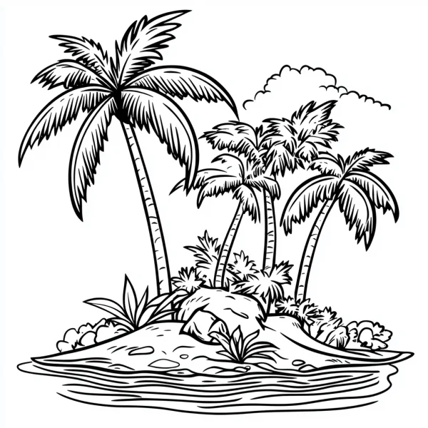 Tropical island with coconut palms, cartoon style — free printable island coloring book page