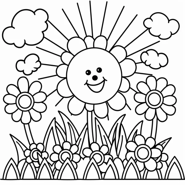 Cute anthropomorphic smiling sun with rays, cartoon style — free printable coloring page