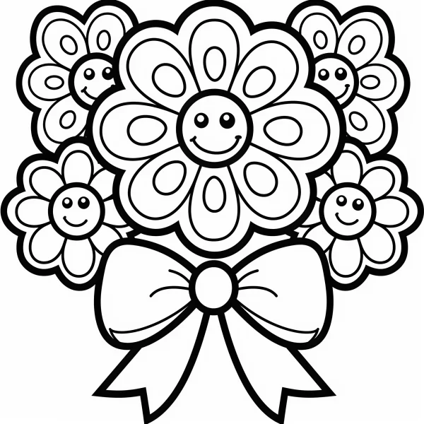 Cartoon flower bouquet with smiling faces, cartoon style — free printable coloring page