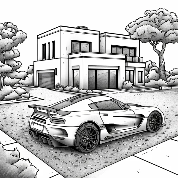 Sports car parked in front of modern two-story house, realistic line art style — free printable residential coloring book page
