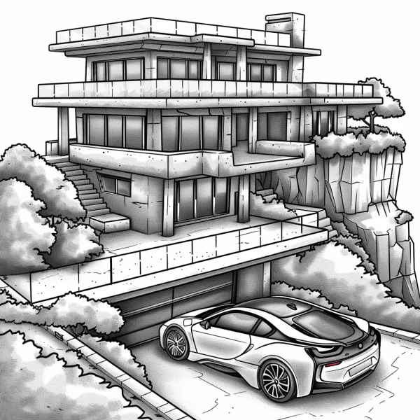 Modern multi-story cliffside house with sports car, realistic illustration style — free printable modern architecture coloring book page