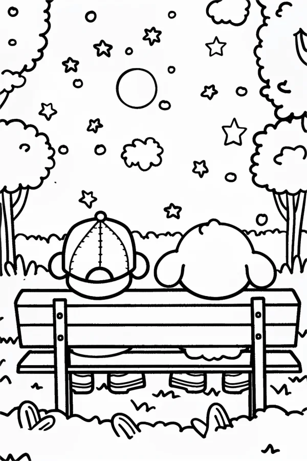 Two cute cartoon characters sitting on a bench watching starry night sky, cartoon style — free printable night scene coloring book page