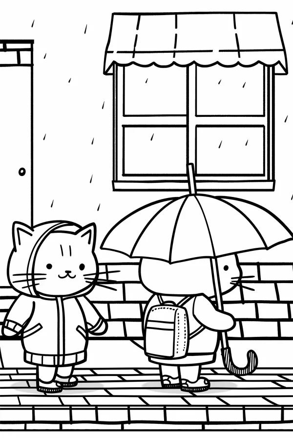Anthropomorphic cats walking in the rain, cartoon style — free printable rainy days coloring book page