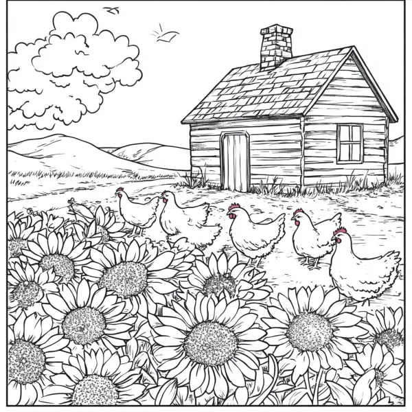 Chicken flock in sunflower field with country cottage, realistic line art style — free printable coloring page