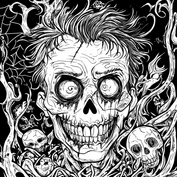 Creepy skull-faced figure, gothic horror style — free printable death coloring book page