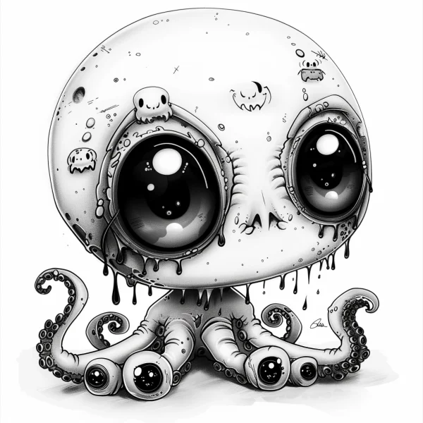 Creepy big-eyed fantasy octopus, cartoon dark fantasy style — free printable weird coloring book page