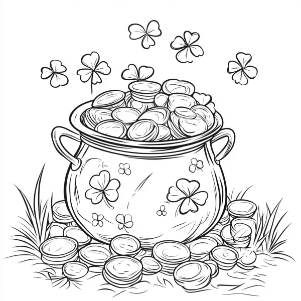 Pot full of gold coins, st. patrick's day theme — free printable wealth coloring book page