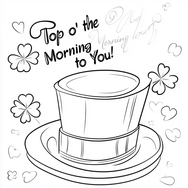 Top hat shaped teacup on a saucer, surrounded by shamrocks and heart decorations — free printable beverages coloring book page
