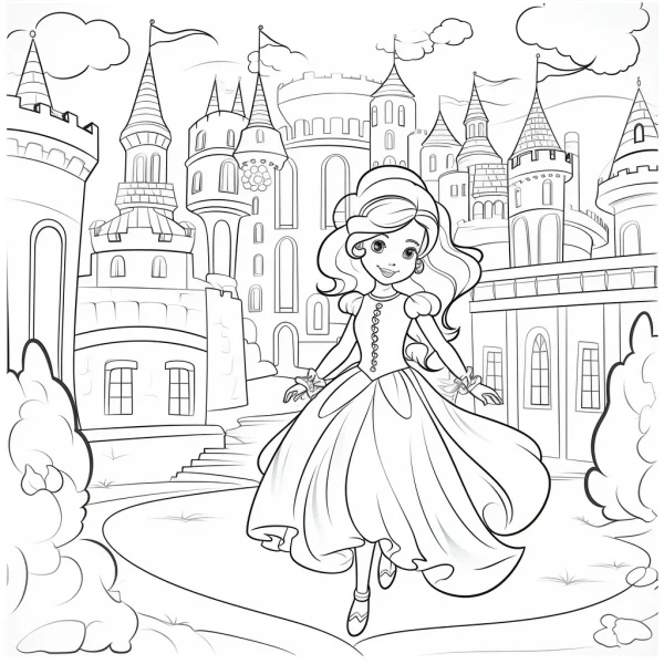 Princess in front of a fairy tale castle, cartoon style — free printable coloring page