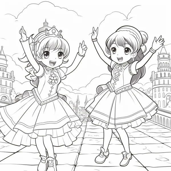 Two cheerful cartoon fairy tale girls in dresses, anime style — free printable coloring page
