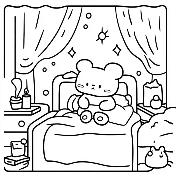 Cute cartoon bear sitting on bed in cozy bedroom, cartoon style — free printable coloring page