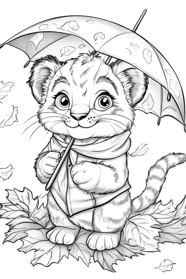 Cute cartoon tiger holding an umbrella, wearing scarf and coat — free printable coloring page