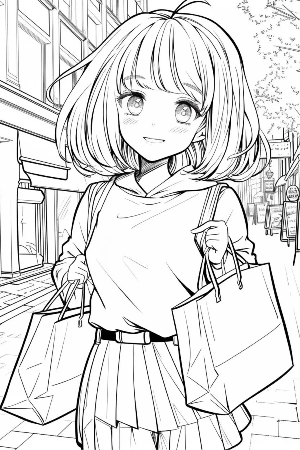 Cute short-haired girl holding shopping bags, anime cartoon style — free printable urban daily coloring book page