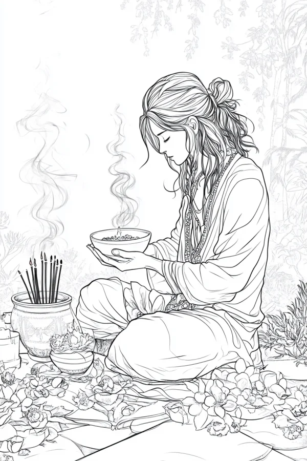 Meditating figure in southeast asian attire holding a bowl with flame, realistic line art style — free printable southeast asia coloring book page