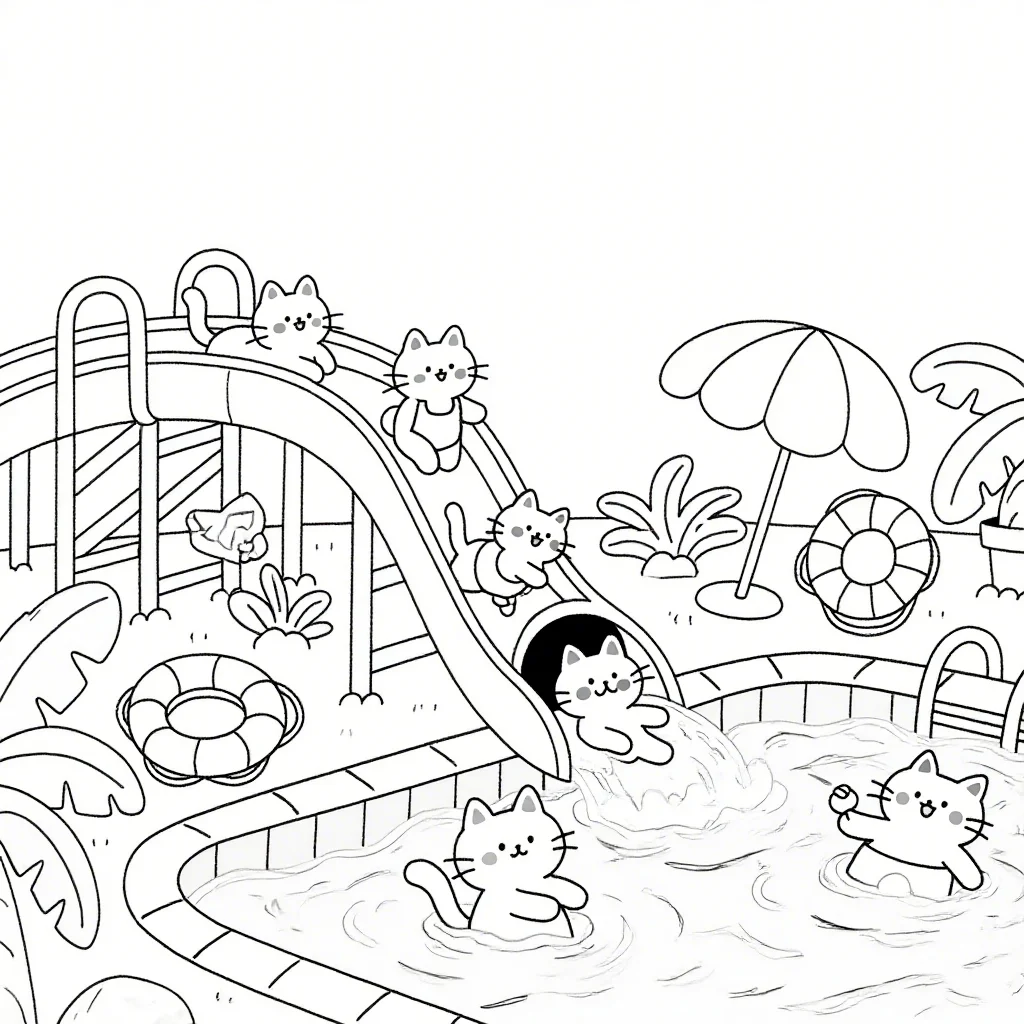 Cute cats playing in swimming pool with water slide, cartoon style — cartoon style — beginner-friendly — line art coloring page — for toddlers and preschoolers