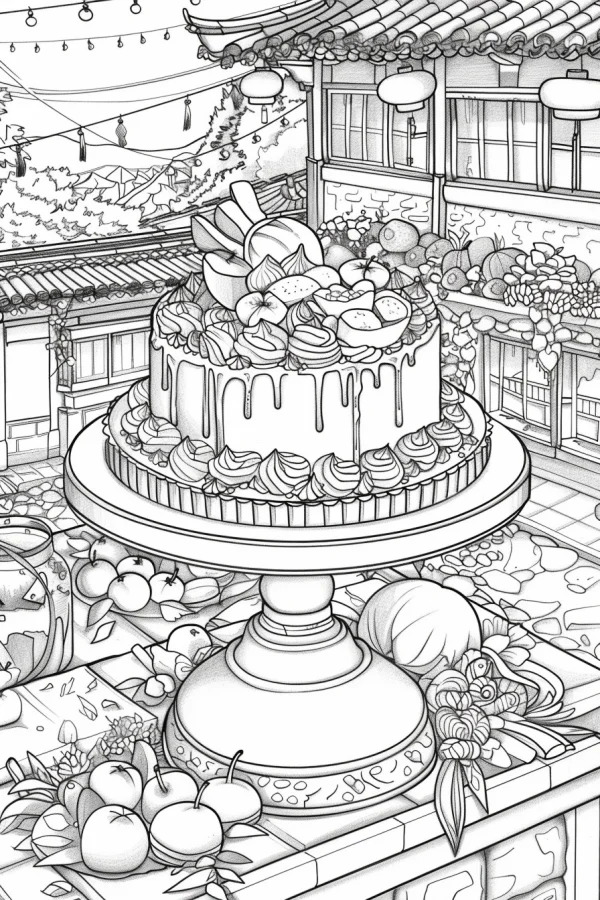 Fruit cake on display stand in traditional chinese courtyard, chinese style — free printable other coloring book page