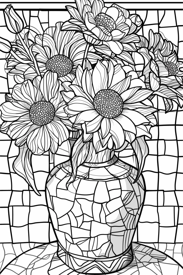 Mosaic vase with sunflowers and tulips, stained glass style — free printable still life coloring book page