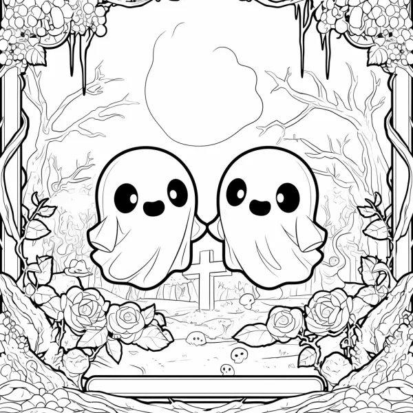 Cute cartoon ghosts, cartoon fairy tale style — free printable coloring page