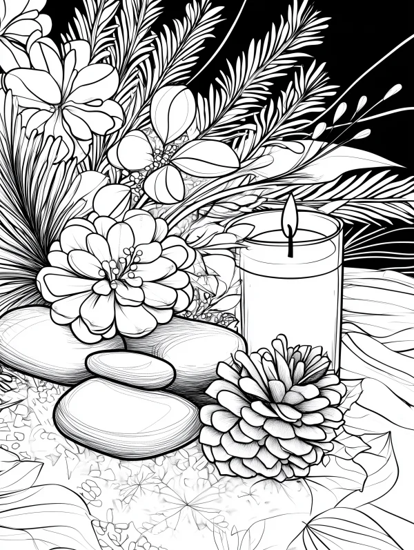 Zen combination of flowers, ferns — free printable healing coloring book page