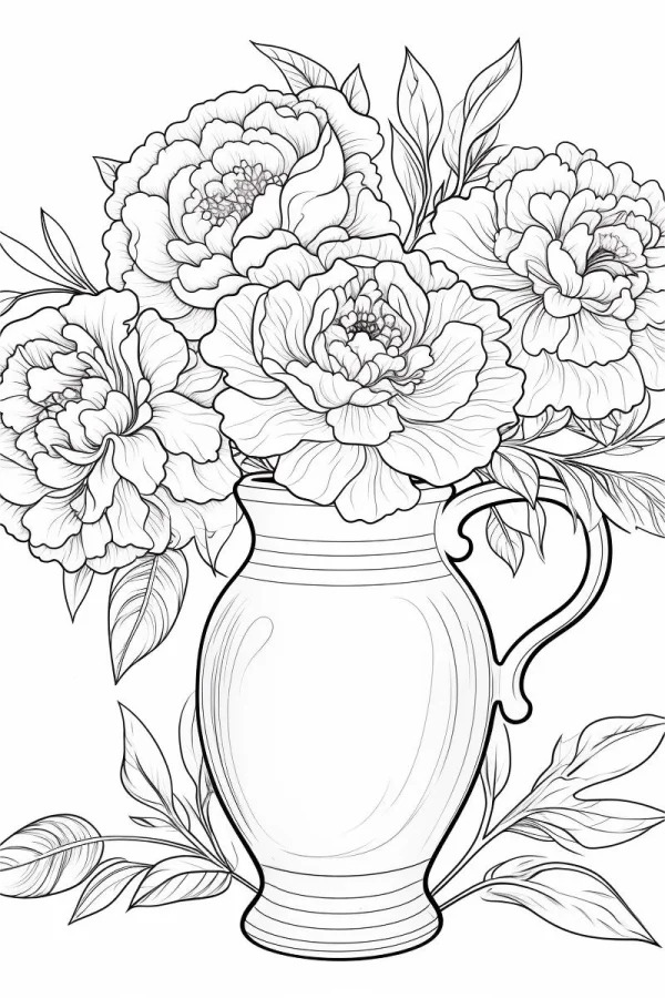 Peonies in ceramic pitcher, realistic line art — free printable still life coloring book page
