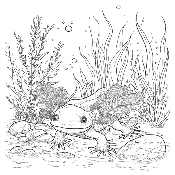 Axolotl (mexican salamander) in underwater scene, surrounded by broad-leaved aquatic plants — free printable amphibians coloring book page