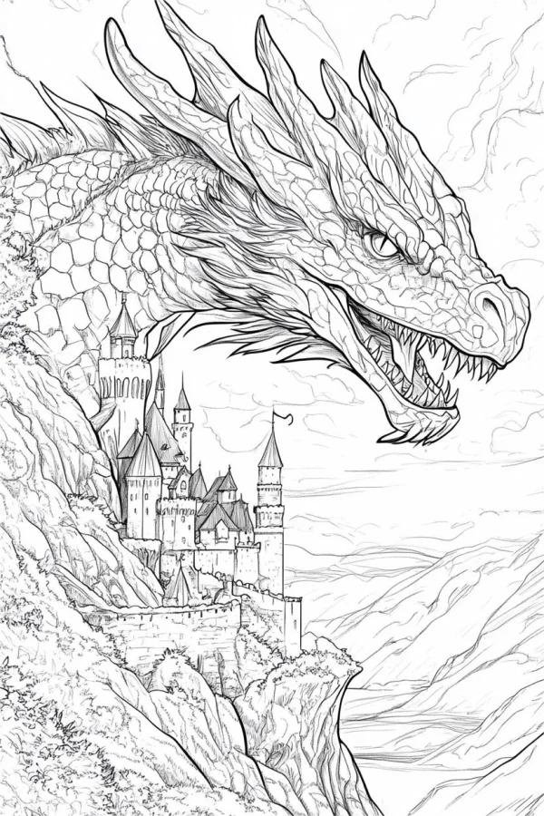 Giant dragon with detailed scales beside medieval castle on rocky cliff, fantasy style — free printable coloring page