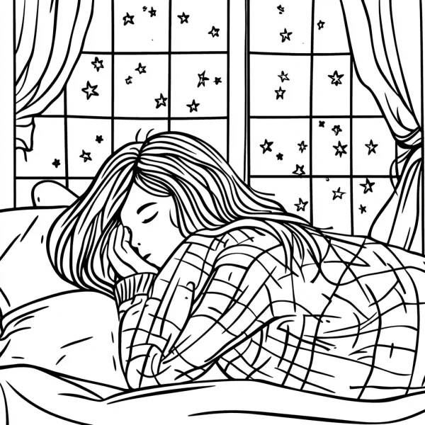 Sleeping girl in bed, cartoon style — free printable sleep coloring book page