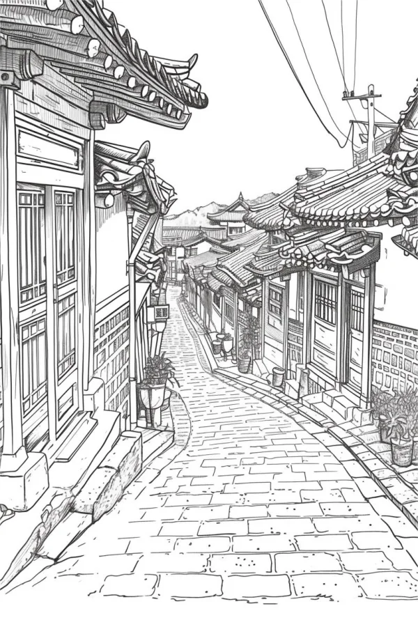 Coloring book page, traditional korean hanok alley — free printable korean style coloring book page