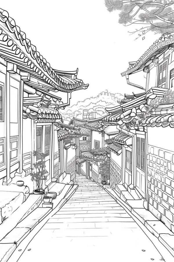 Korean traditional alley with hanok houses, korean style — free printable korean style coloring book page